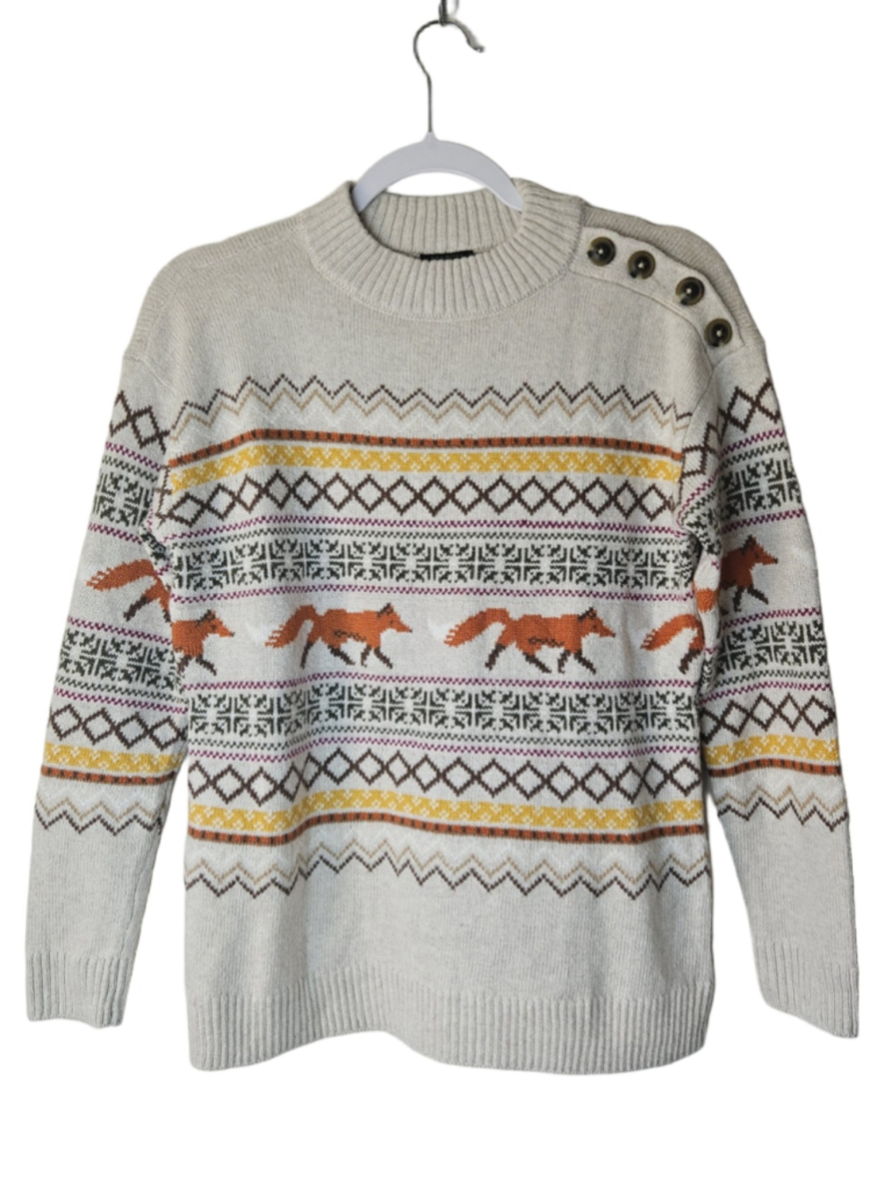 Talbots Petite Fox Fair Isle Button Shoulder Crewneck Sweater Beige Orange Fall - Picture 2 of 8